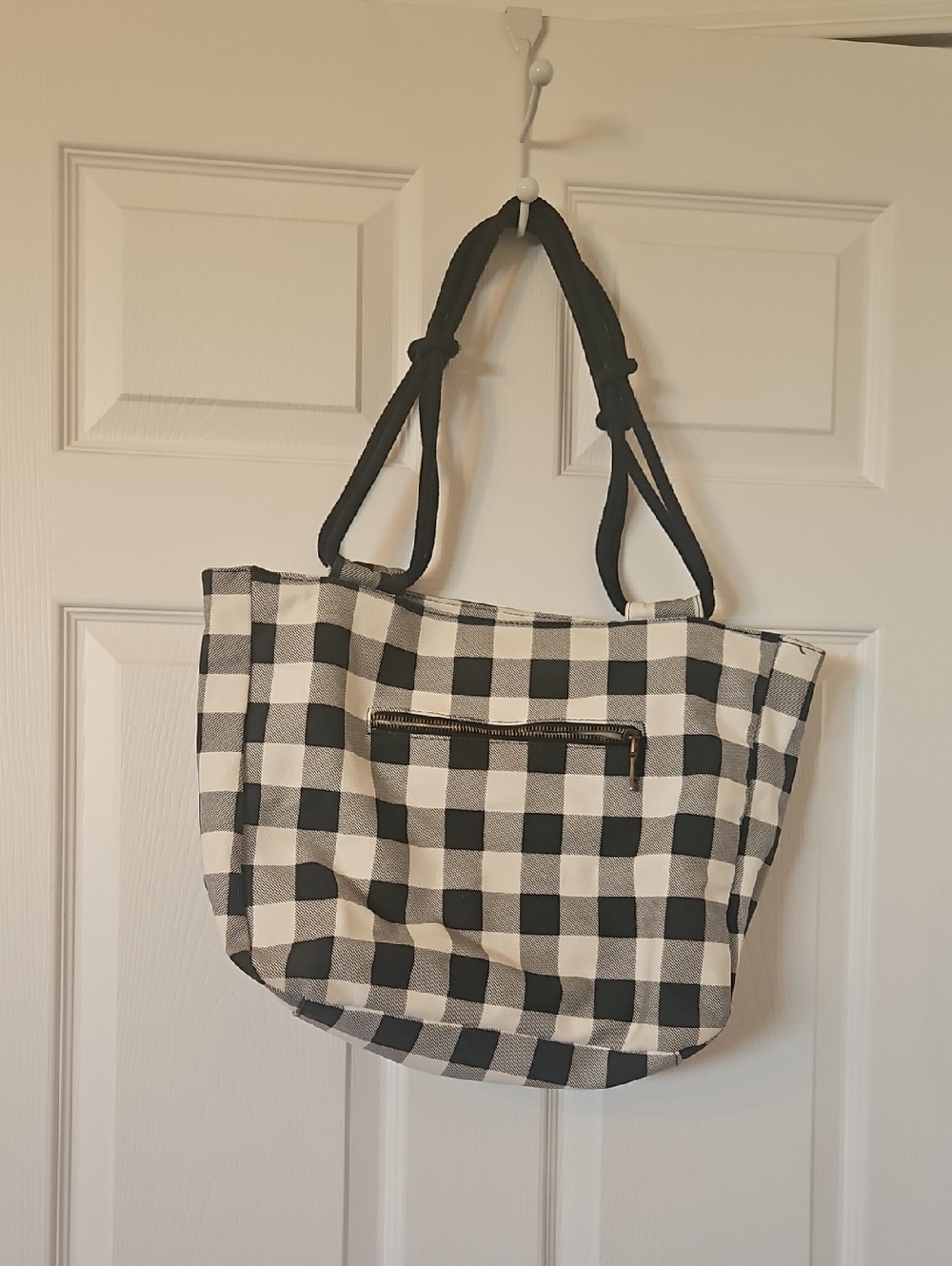 Black & White Gingham Tote Bag with Front Zip Pocket